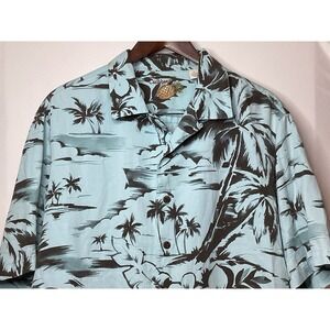 Caribbean Hawaiian Men's Shirt Tropical Blue Short Sleeve Button Down Large
